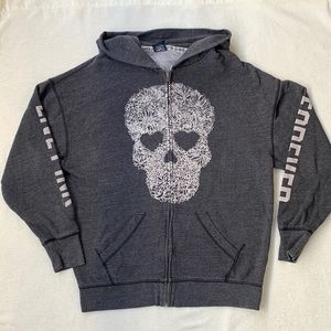 Pink Victoria’s Secret Studded White Floral Skull Gray Zip Up Hoodie Swe…